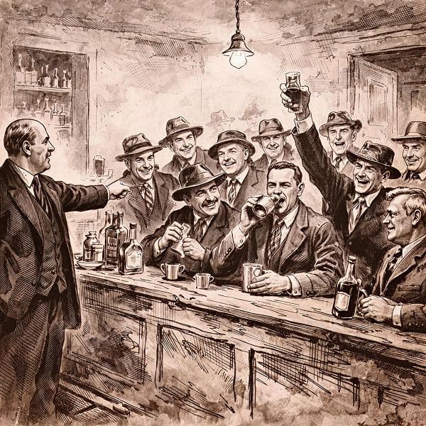 Illustration of Prohibition-era defiance in a speakeasy