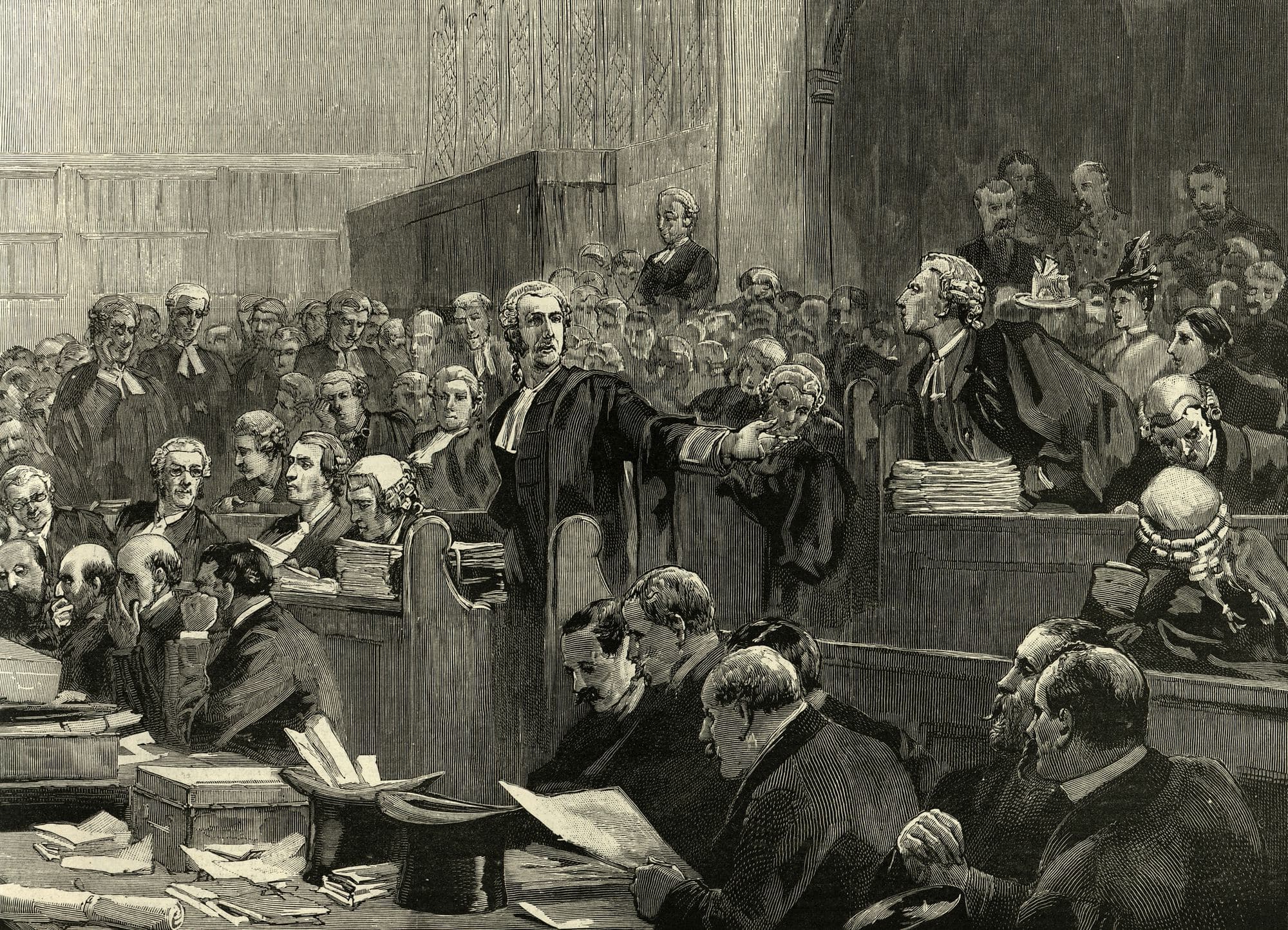 Historical engraving of William Penn’s trial at the Old Bailey, 1670