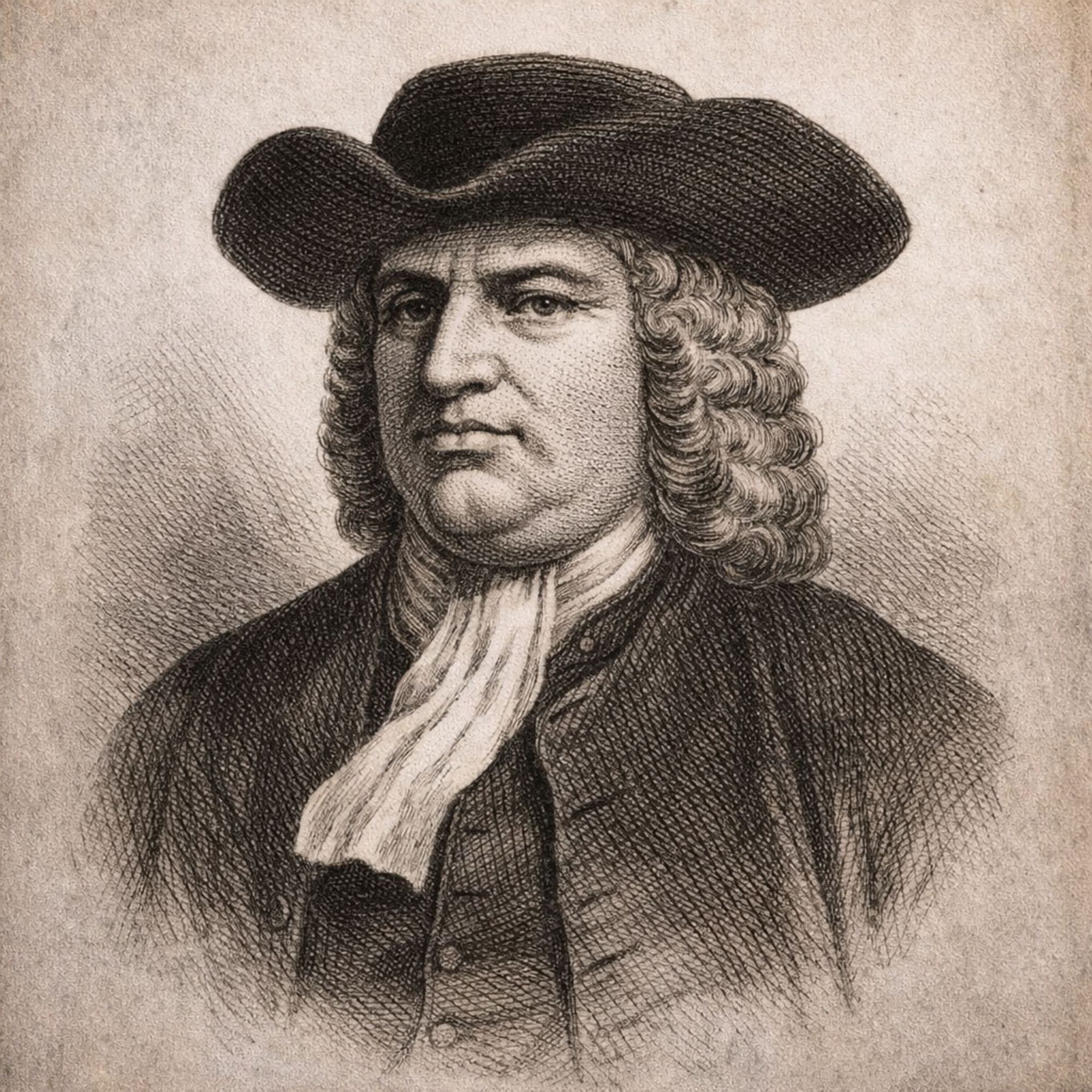 Illustration of William Penn in a historical engraving style
