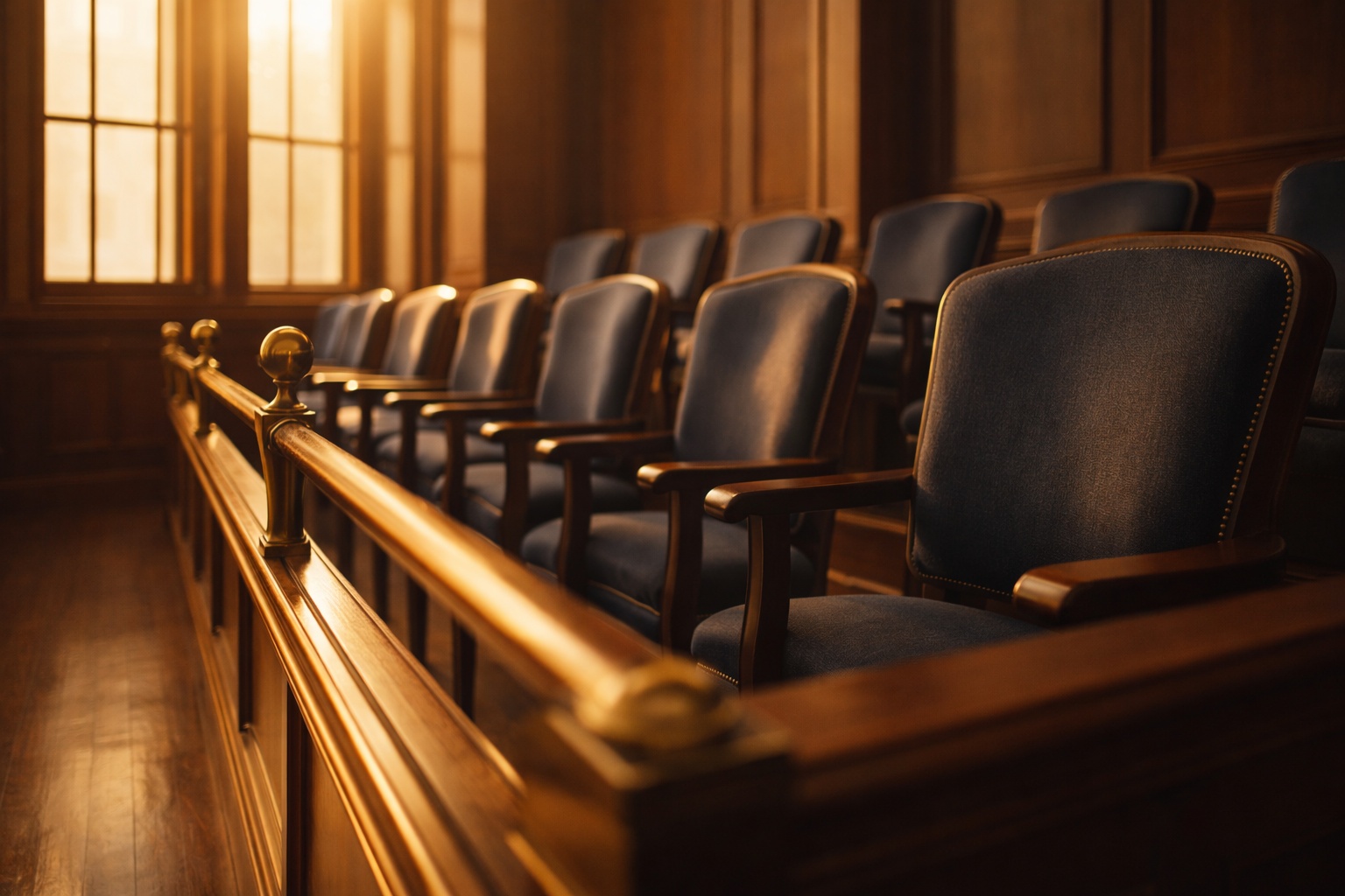 Illustration of a warm-lit empty jury box in a courtroom