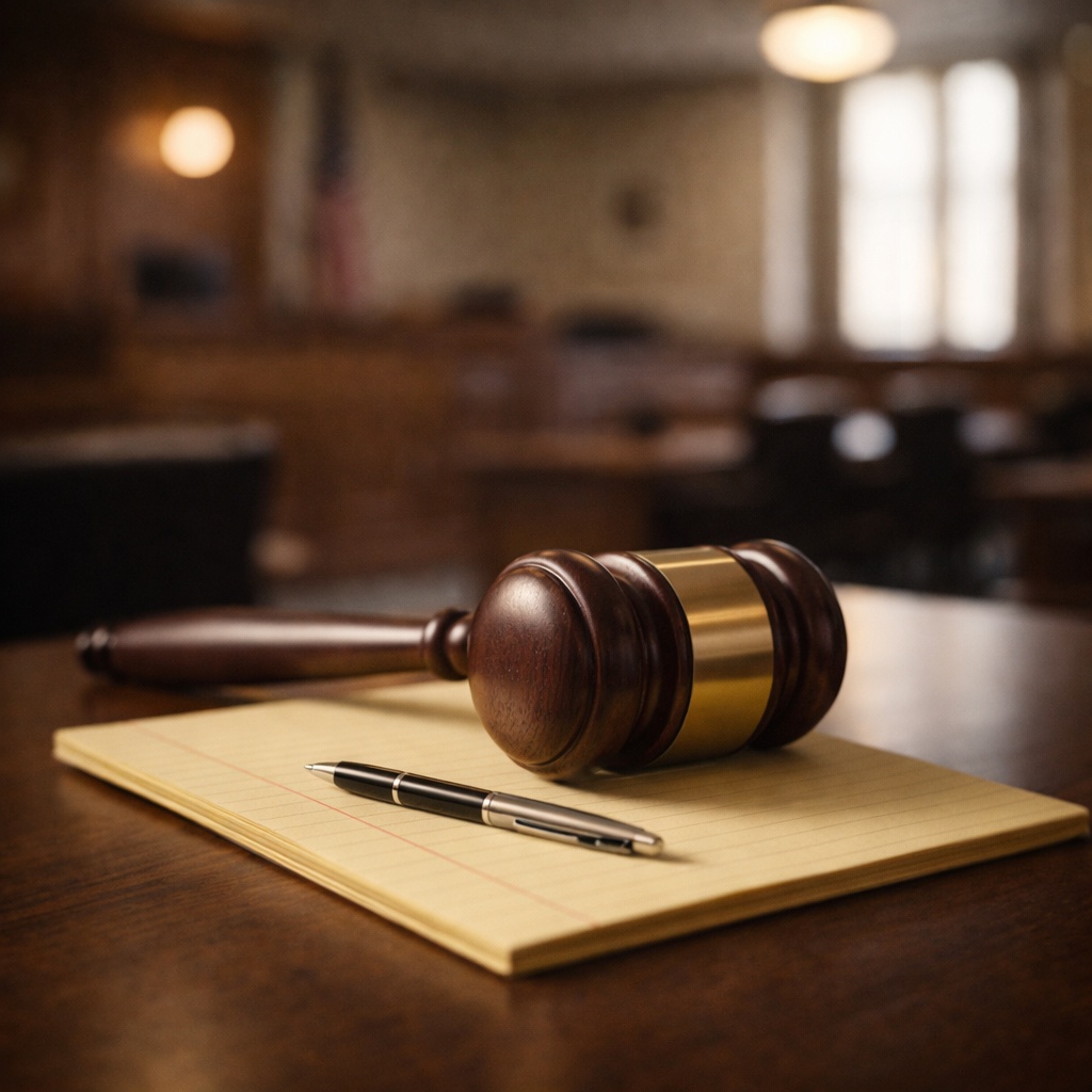Illustration of a gavel and notepad in a courtroom