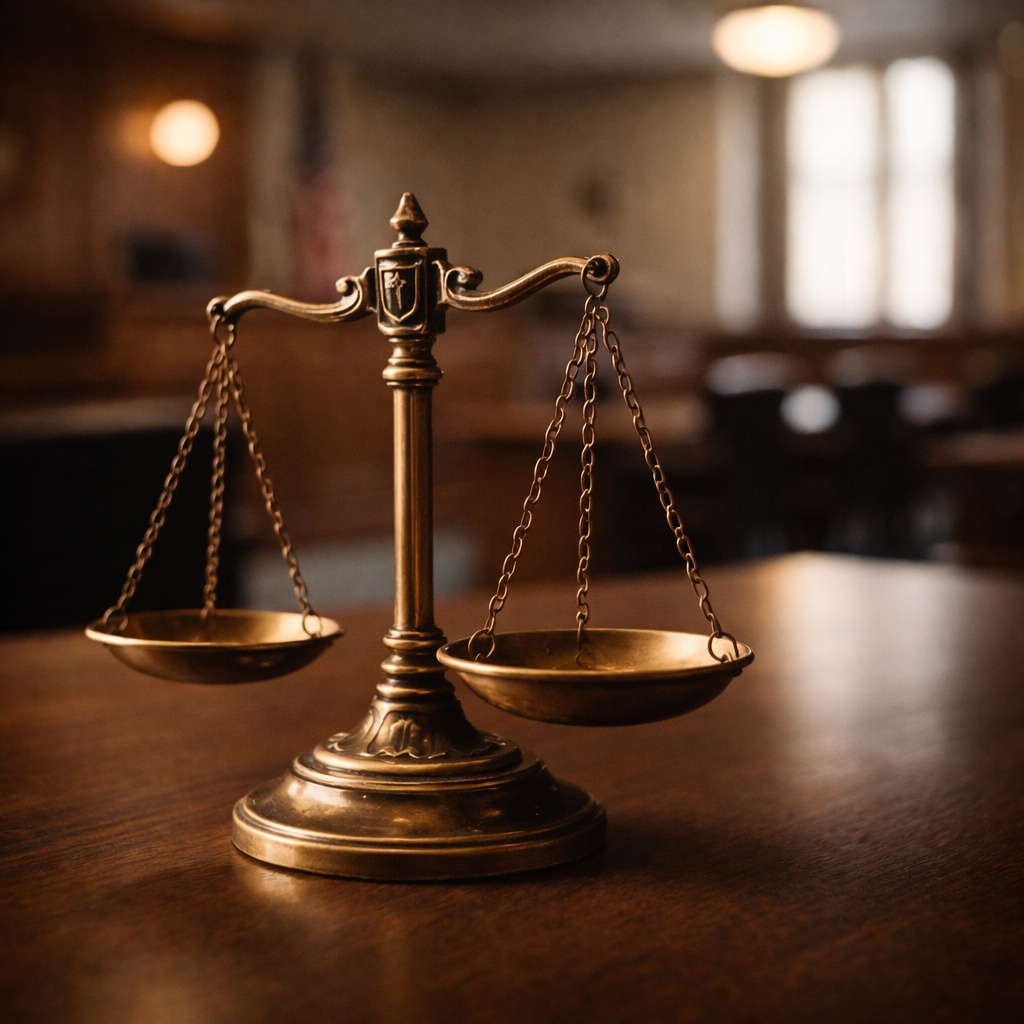 Illustration of scales of justice in a courtroom