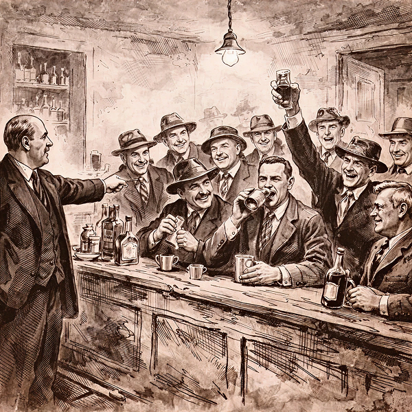 Illustration of Prohibition-era defiance in a speakeasy