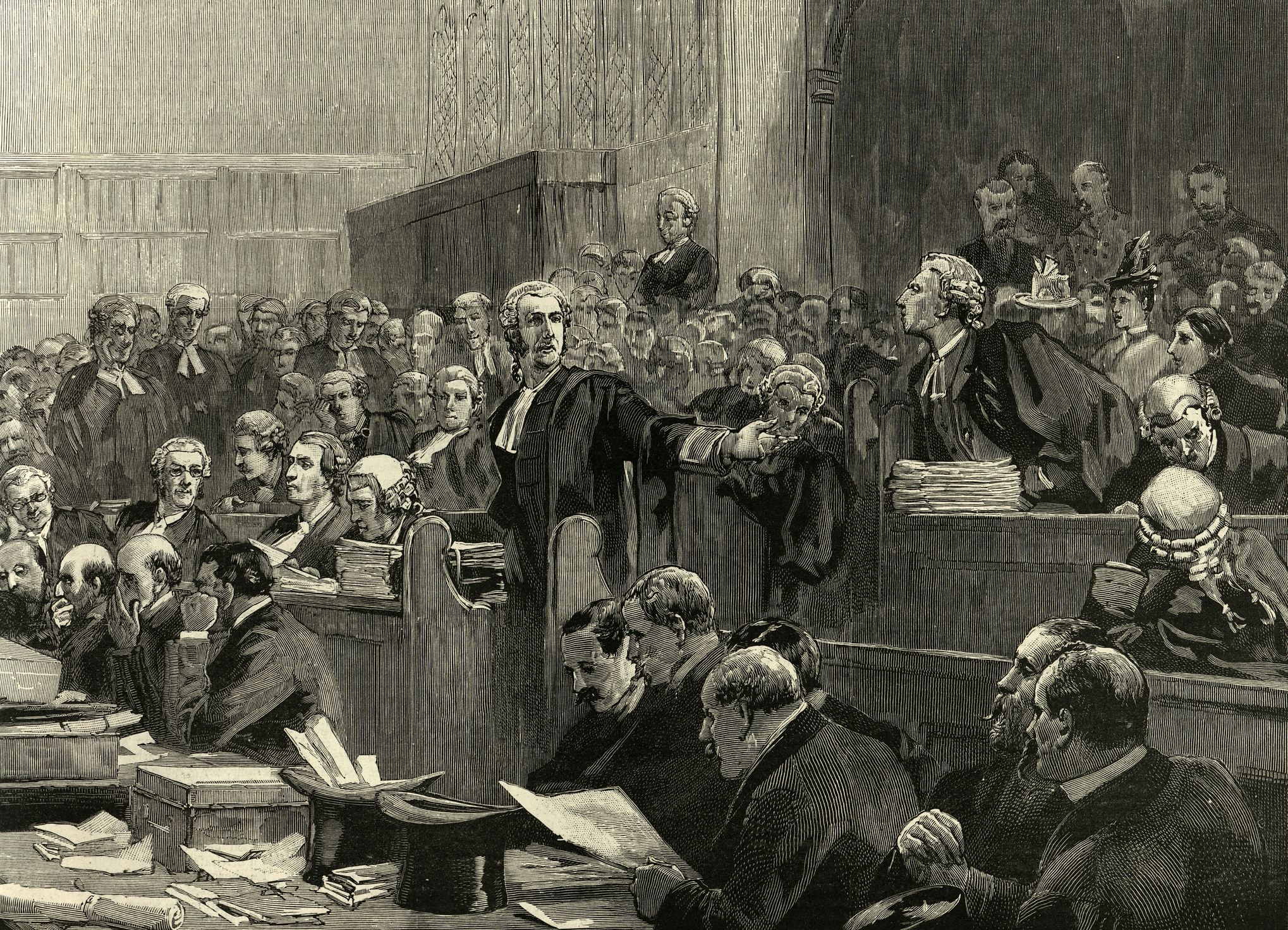 Historical engraving of William Penn’s trial at the Old Bailey, 1670