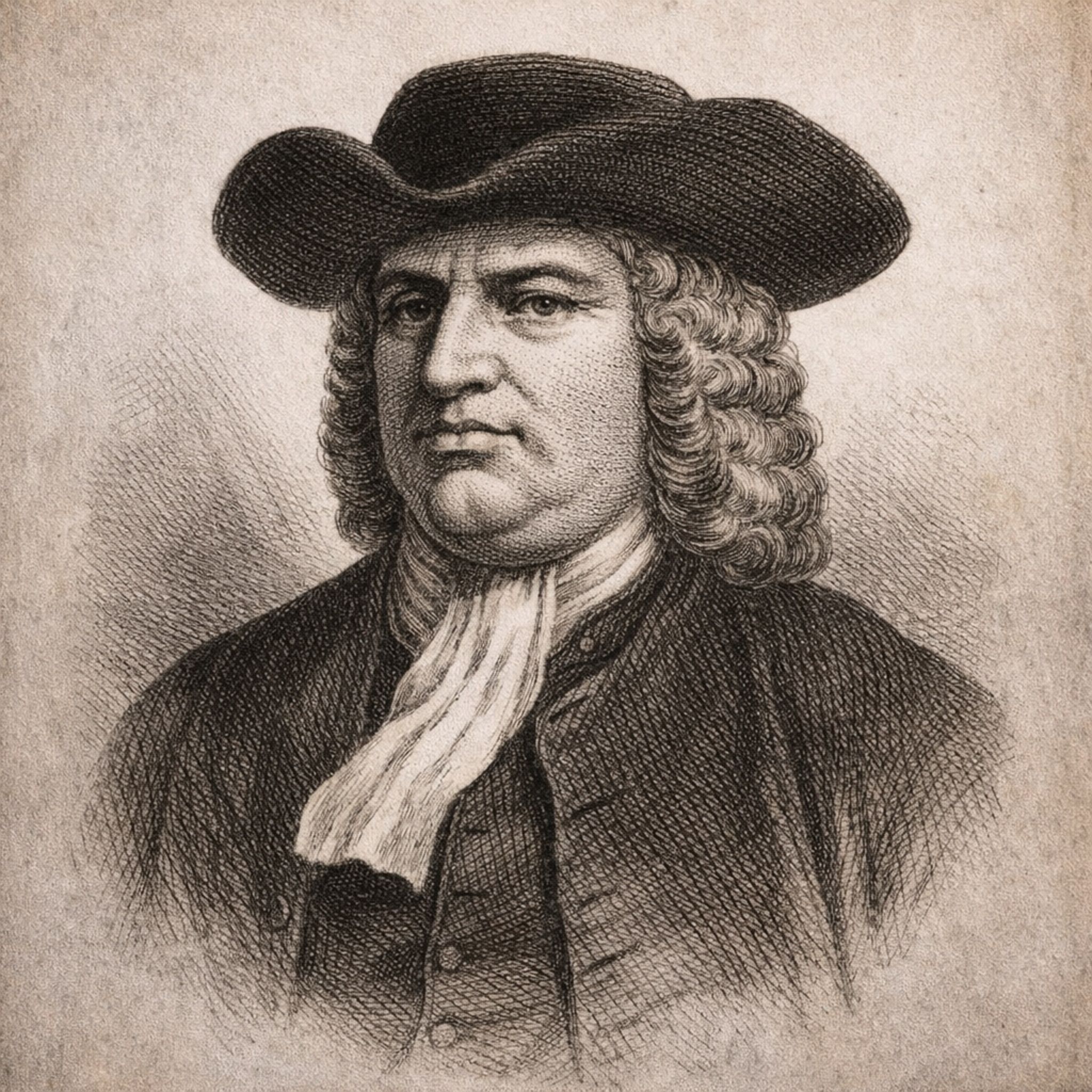 Illustration of William Penn in a historical engraving style